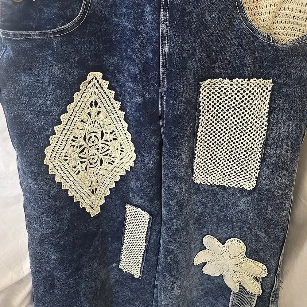 POL Denim Dark Wash Overalls Wide Leg Crochet Patchwork Size S NWT Boho - Picture 5 of 16